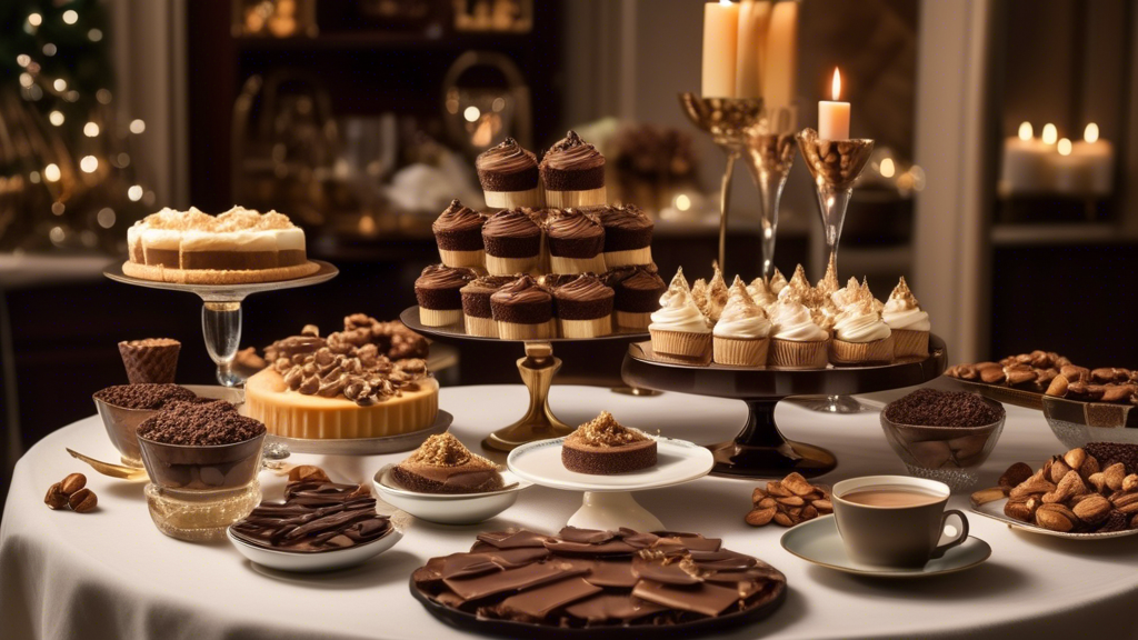 Prompt: An elegant dinner party scene showcasing a dessert table featuring Enstrom almond toffee as a star ingredient. The table includes a variety of sophisticated desserts, such as toffee-topped chocolate cupcakes, almond toffee cheesecake, and a bowl of toffee crumble ice cream. In the background, guests are enjoying their desserts paired with cups of dark coffee and glasses of dessert wine, all set in a warmly lit room with tasteful decor, creating an inviting and festive atmosphere.