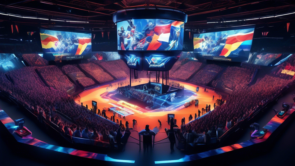 Generate an image of a vibrant esports event taking place in a futuristic, high-tech arena. The arena is filled with enthusiastic fans wearing merchandise of their favorite teams, and giant screens showcasing the gameplay. Incorporate elements showcasing the diversity of the Commonwealth through the attendees and flags from different nations. Highlight government and institutional support with banners and logos of educational institutions and sponsorship deals prominently displayed. The atmosphere should reflect a sense of community and excitement, emphasizing how technological advancements and grassroots initiatives have propelled Commonwealth esports into the limelight.