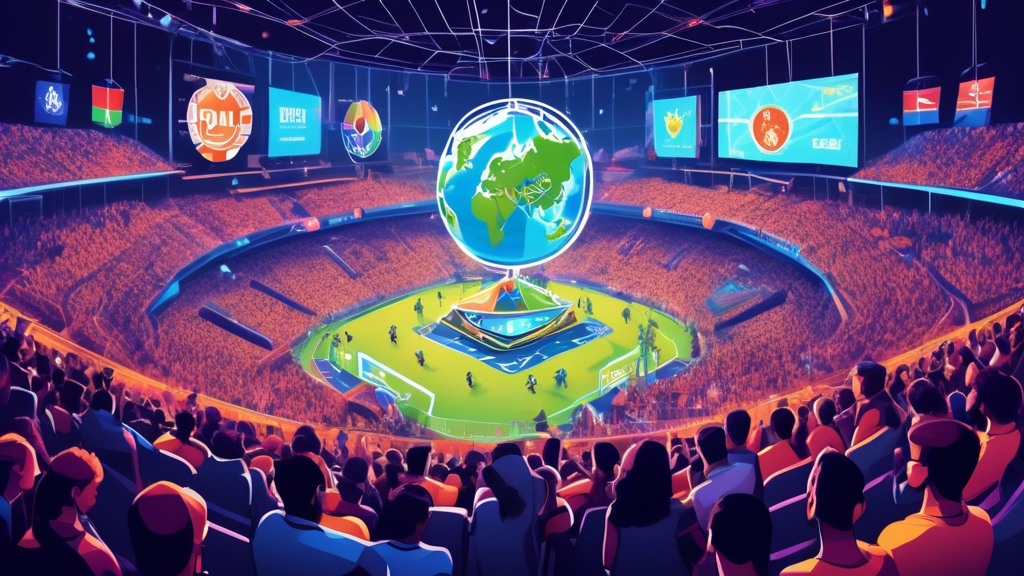 Create an image prompt for DALL-E:

An illustration depicting the future of Commonwealth Esports, showing vibrant stadiums filled with fans cheering for diverse teams playing on large screens. Highlight economic impacts with symbols of currency and employment icons radiating from the scene. Also depict a globe representing the Commonwealth countries interconnected by lines illustrating the expanding network. Include elements depicting challenges by adding icons of scales representing regulation, green leaves symbolizing sustainability, and shield icons showing fair play.