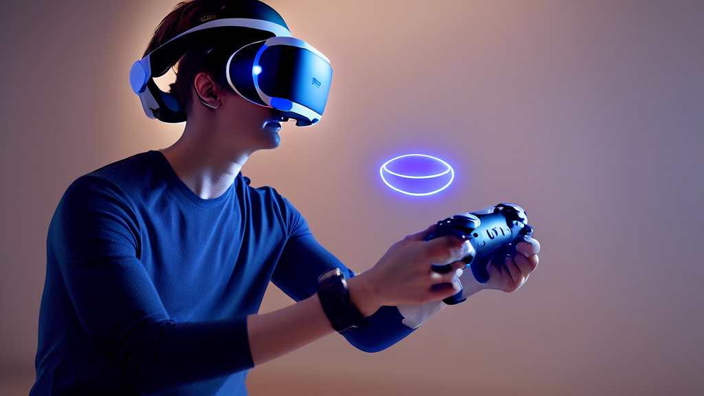 Create an image that showcases the next-generation tracking and controllers in PSVR V2. The scene should depict a gamer immersed in a virtual environment while wearing the PSVR V2 headset, using ergonomically-designed controllers with adaptive triggers and haptic feedback. Highlight the superior motion tracking with virtual markers to emphasize the inside-out tracking technology. The setting can be a futuristic living room with a vibrant, lifelike virtual reality game displayed in the background, capturing the essence of a long and comfortable gaming session.