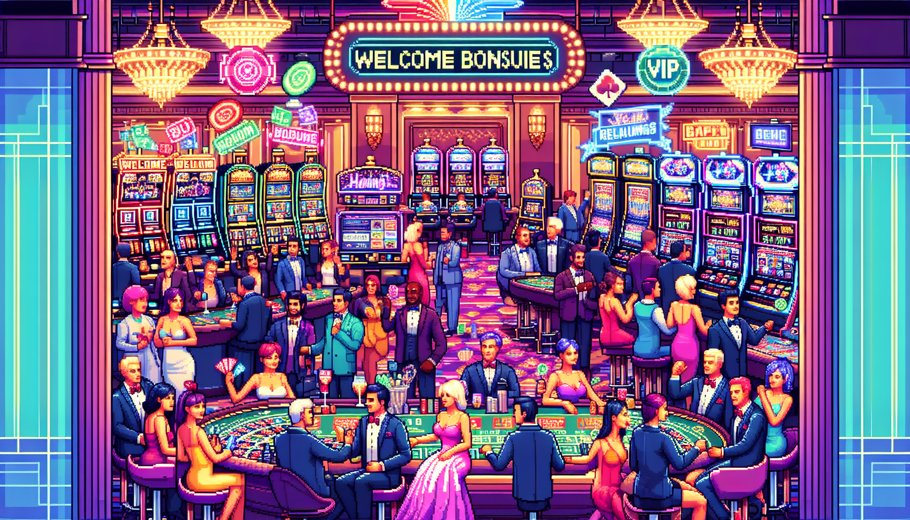 Create an image depicting a bustling, luxurious casino environment filled with vibrant slot machines, gaming tables, and excited patrons. Highlight large, enticing banners showcasing Welcome Bonuses and VIP Rewards to illustrate the luxurious bonuses and promotions. Incorporate detailed visual elements such as a high-stakes poker table, a spinning roulette wheel, and a bar area where players celebrate their wins. Make sure the lighting is dynamic, giving a sense of energy and excitement, with elegant decor to emphasize the quality of the best casinos. Keywords: bonuses, promotions, best casino, welcome bonuses, VIP rewards.