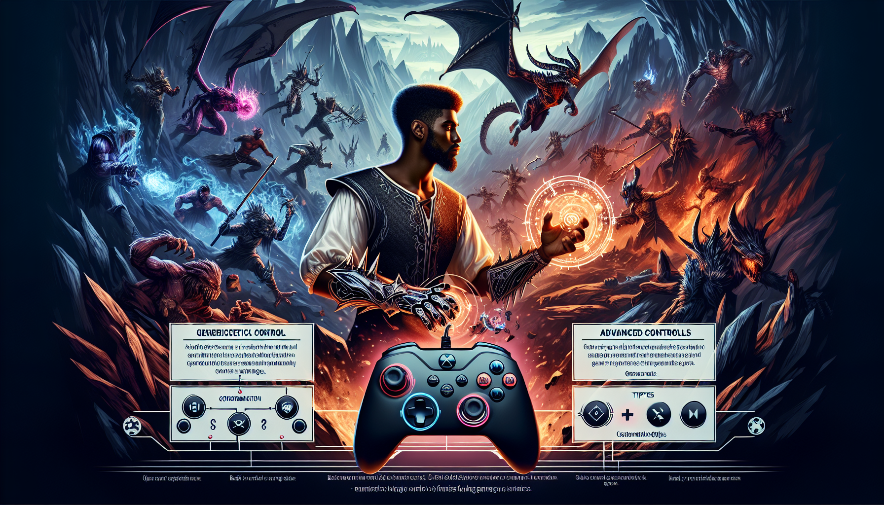 **DALL-E Prompt:** Create an image illustrating a PlayStation gamer becoming proficient with Diablo 4 controls. The gamer is holding a DualSense controller while navigating a detailed in-game scene, featuring intense combat with monsters. Include visual elements that showcase both basic and advanced control settings on the screen, with tips and customization options highlighted, symbolizing mastery of gameplay mechanics on PlayStation controllers. Incorporate a dark, gothic aesthetic consistent with the Diablo series.