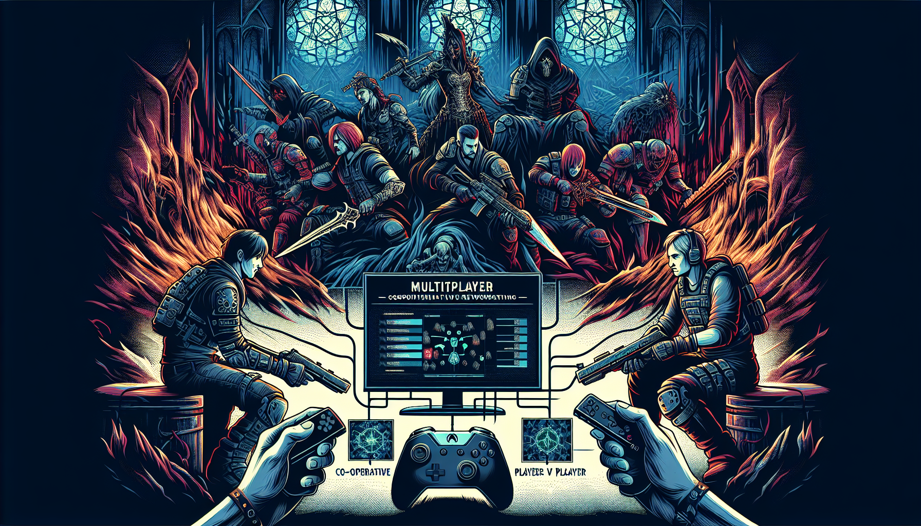 Create an image that depicts players in an intense multiplayer session of Diablo 4 on a PlayStation console. Show characters from the game battling enemies together in a dark, gothic setting, with PlayStation controllers and the PlayStation Network interface visible in the background. Include elements that highlight co-op and PvP modes, as well as a sense of community and camaraderie. The scene should be immersed in the dark fantasy aesthetics that Diablo 4 is known for.