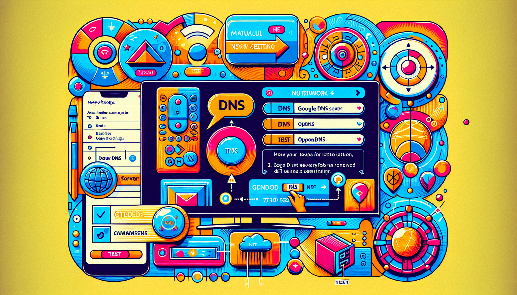 A step-by-step visual guide showing how to set up DNS on an LG Smart TV. The image should start with navigating to the network settings menu on the TV, followed by a close-up on manually inputting the DNS server address, and ending with a test or confirmation screen. Include on-screen prompts, detailed captions, and examples of popular DNS servers like Google DNS and OpenDNS. The TV screen should display clear, user-friendly instructions and vibrant icons, ensuring the process is straightforward and easy to follow for all users.