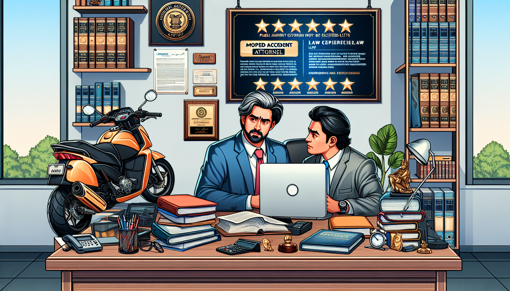 An experienced moped accident attorney sits at their office desk surrounded by case files, law books, and a computer displaying client reviews. In the background, a wall plaque shows their law credentials, and another screen displays positive testimonials from past clients. The attorney is in conversation with a client, explaining the intricacies of a moped accident case, highlighting their specialized knowledge and experience. The setting exudes professionalism and trustworthiness, pivotal for selecting the right legal advisor in moped accident scenarios.