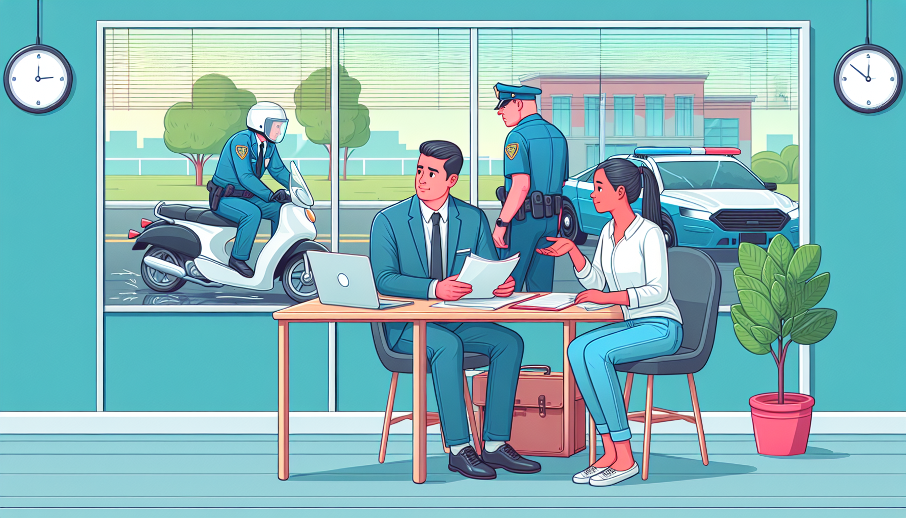 An image of a person consulting with a moped accident attorney in an office, with legal documents and a laptop on the desk, while outside the window a police officer interviews a witness near a moped accident scene.
