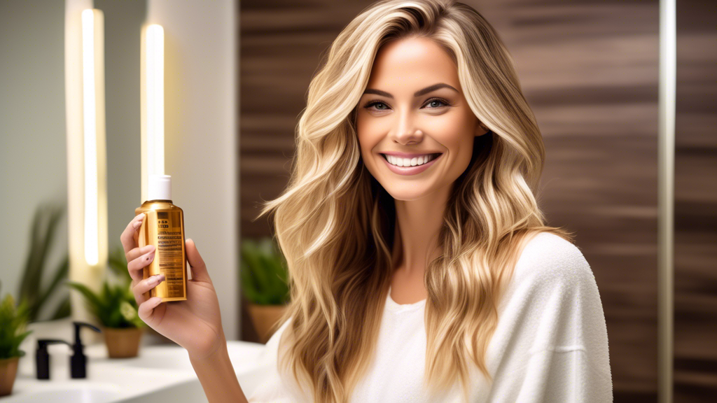 Create an image of a woman with stunning blonde foil highlights on her brown hair, holding up a high-quality color-safe shampoo and conditioner in a well-lit bathroom with a large mirror. Showcase the vibrancy and health of her highlighted hair as she smiles confidently. The bathroom should have elegant decor with plants and luxury skincare products on the counter, emphasizing a chic, self-care ambiance.