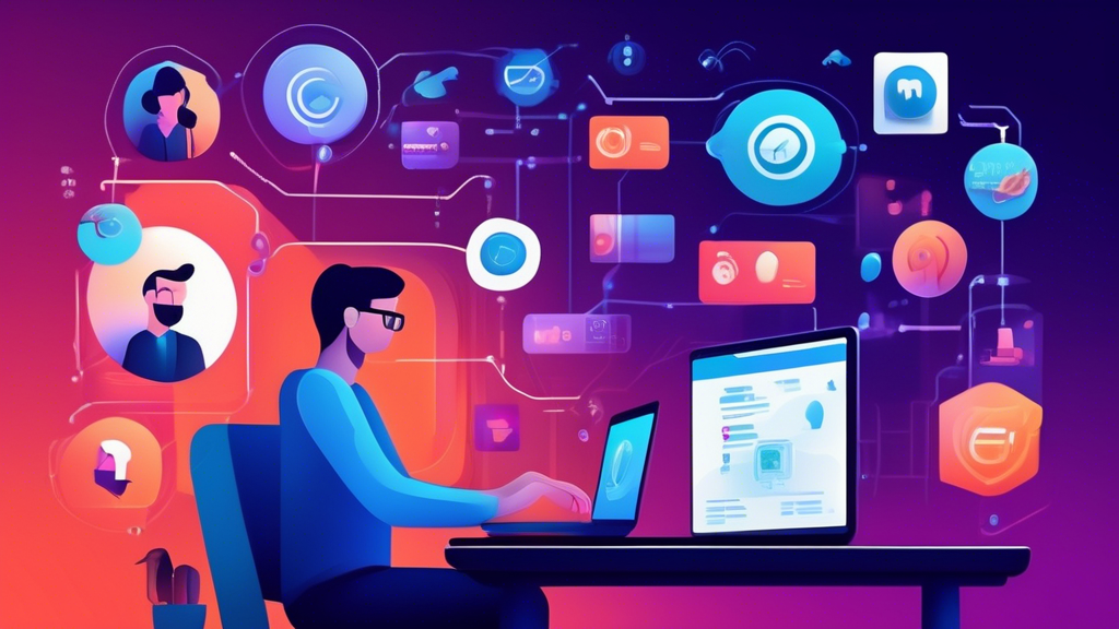 Create an image that visually showcases various methods to unblock websites, focusing on high-tech solutions. Show a person using a laptop, with icons representing a VPN, proxy server, Tor Browser, browser extensions, and DNS changers surrounding them. The background should set the scene in a tech-savvy, modern room with ambient lighting, emphasizing a sense of sophistication and innovation. Highlight the ease and efficiency of these tools through a sleek, user-friendly interface on the laptop screen and glowing icons.