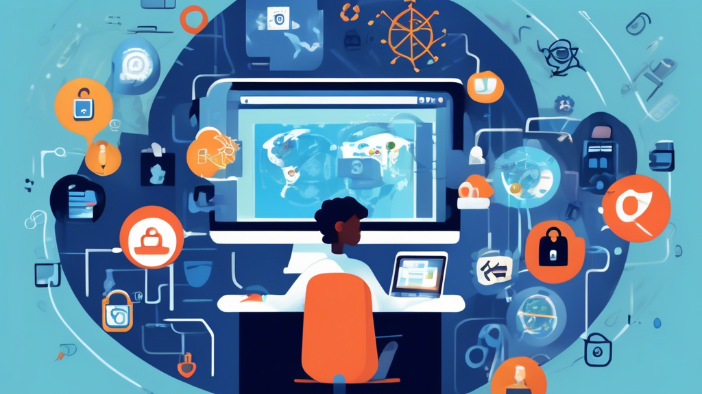 Create an image that captures advanced troubleshooting tips and best practices for unblocking web access. The scene depicts a person at a computer, surrounded by icons and elements representing online privacy and security, such as a lock, a shield, and a globe. The user is engaging with a virtual help desk display that lists common issues, solutions, and security updates. The background includes subtle symbols of VPNs, proxy servers, and browser extensions to convey the theme of web unblocking strategies.
