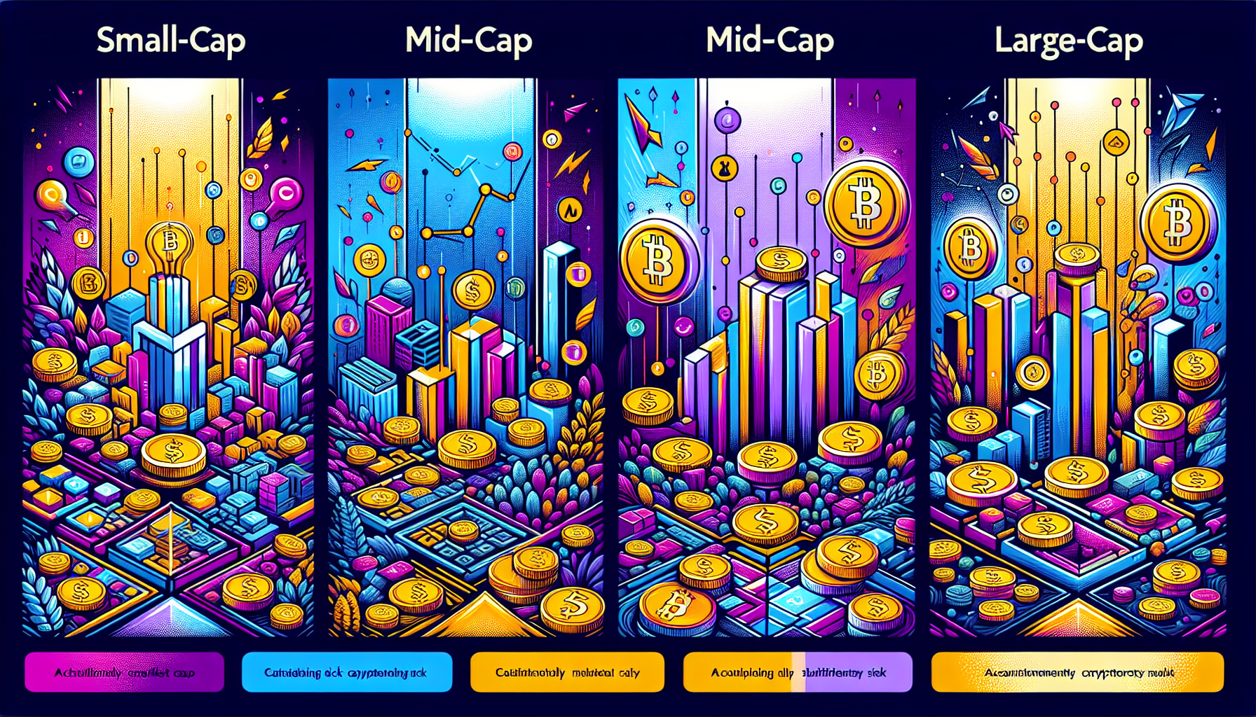 Create an image that illustrates the different types of cryptocurrency market caps: Small-Cap, Mid-Cap, and Large-Cap. The image should include three main sections, each depicting a contrasting scene. 

For Small-Cap Cryptocurrencies, show a bustling, innovative start-up environment with small cryptocurrency coins surrounded by dynamic growth visuals, but also some cautionary signs symbolizing higher risk.

For Mid-Cap Cryptocurrencies, display a medium-sized tech company setting with moderately larger cryptocurrency coins, more stability, and a balance between growth and safety, using normal growth visuals.

For Large-Cap Cryptocurrencies, depict a large, established financial institution with the largest coins, exuding confidence, stability, and reliability, using reassuring and stable growth visuals.

Each section should have labels for Small-Cap, Mid-Cap, and Large-Cap, and use a cohesive color scheme to tie the sections together, symbolizing the continuum from high-risk/high-reward to low-risk/low-reward in cryptocurrency investments.