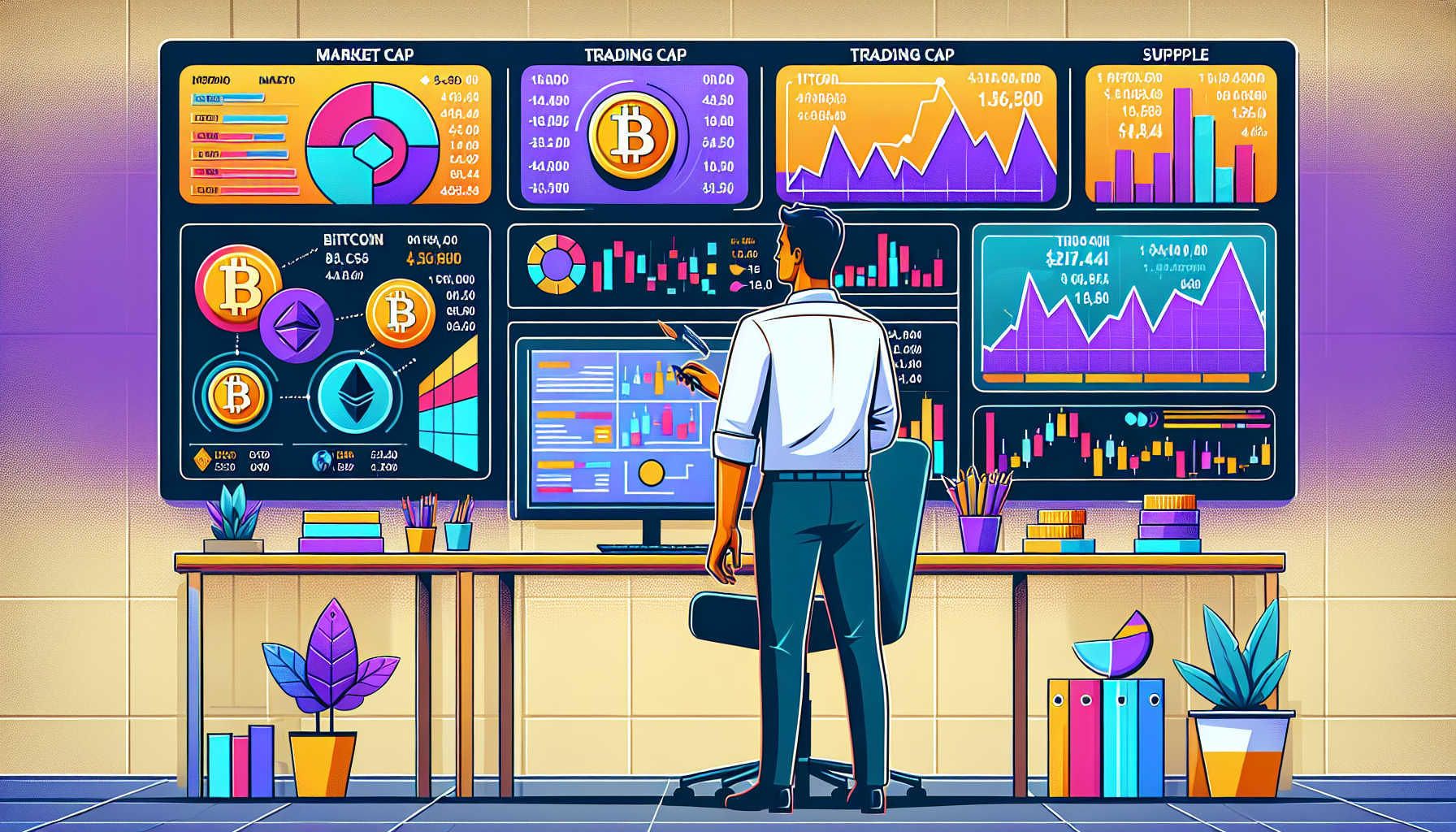 Create an image depicting a financial analyst visually comparing the market cap of various cryptocurrencies on a multi-screen setup in an office. The screens should display charts and graphs illustrating the market cap, trading volume, and supply of different cryptocurrencies like Bitcoin, Ethereum, and smaller altcoins. Include infographics showing market cap as a comparison metric alongside other key financial indicators. The scene should convey making informed investment decisions based on the comparative analysis of these metrics.