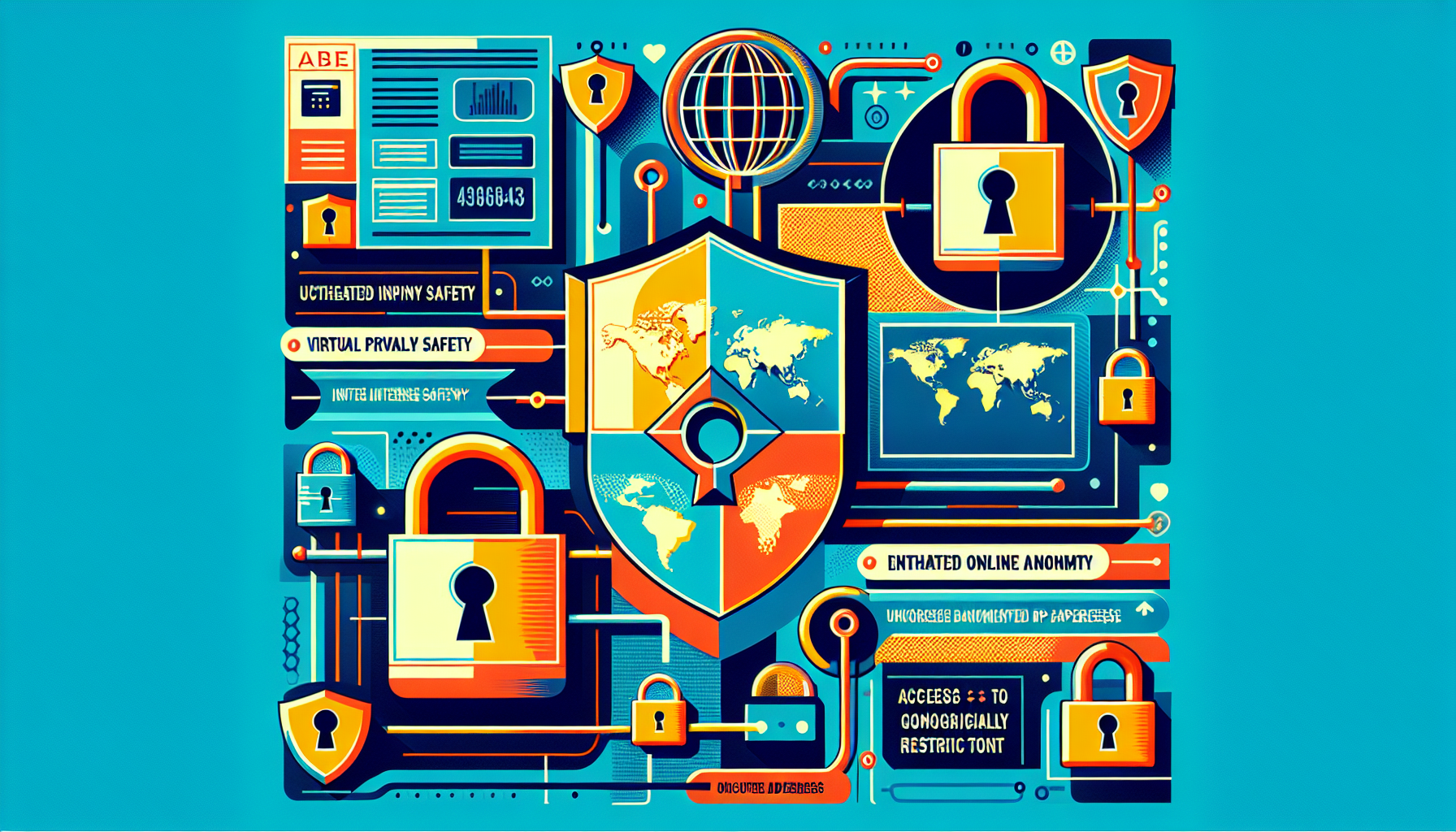 Create an image depicting the benefits of using a VPN. The image should highlight increased web security with icons of shields and locks, enhanced online privacy symbolized through masked IP addresses, and access to geo-restricted content with a world map showcasing various locations unlocked by the VPN. The visual should be modern, tech-savvy, and convey the protective nature of VPN technology.