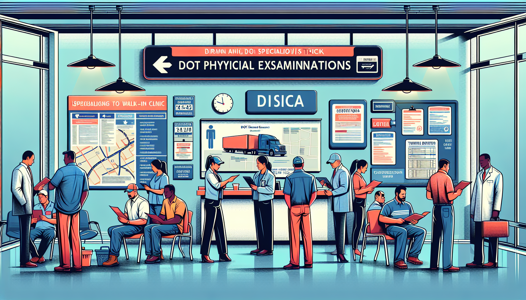 Create an image of a busy walk-in clinic specialized in DOT physical exams, showing various informational signs about DOT exam services and directions. The scene includes diverse truck drivers looking at brochures and interacting with clinic staff in a modern, well-organized setting. Visible in the background are boards showing maps and digital displays with wait times and appointment options, subtly highlighting the efficiency and accessibility of the clinic for commercial drivers.