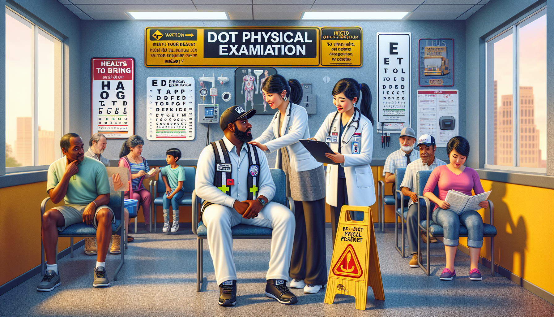 DALL-E prompt: Illustrate a scene in a busy walk-in medical clinic where a commercial driver is preparing for a DOT physical exam. The image should show a diverse group of people in the waiting room and a driver consulting with a nurse about the necessary documents. Include visual details like a clipboard with paperwork, a blood pressure monitor, eye charts on the walls, and patients undergoing various preliminary health tests like hearing assessments. Reflect a calm and professional atmosphere with clear signage indicating 