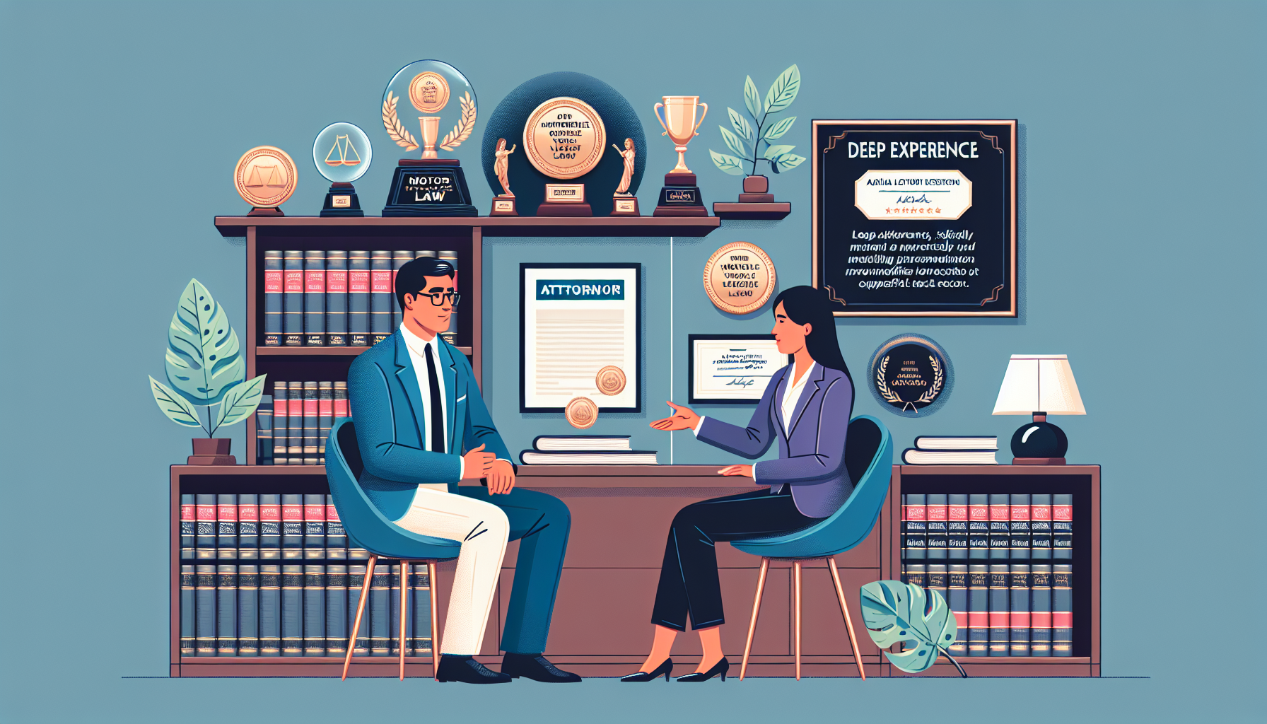 Visual representation of a client consultation with a highly skilled motor vehicle accident attorney in an office setting, emphasizing key criteria such as an array of legal books related to motor vehicle law, several awards showcasing the attorney