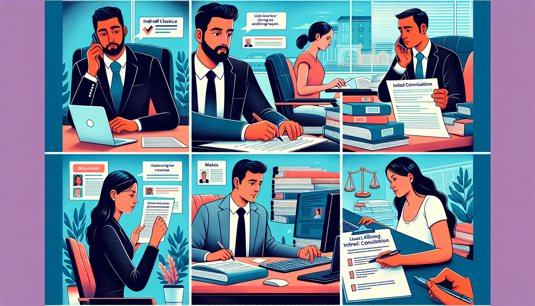 Visualize the journey of finding the right motor vehicle accident attorney: a person examining a list of potential attorneys from a legal review site on their computer, calling for initial consultations, jotting down notes from their meetings, and finally highlighting the best choice that aligns with their needs on their checklist. Include diverse backgrounds of individuals, assorted legal documents, and a sense of focused research.