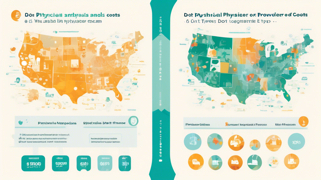 Create an image depicting a comparative analysis of DOT physical costs across different locations and provider types. The visual should include:- A map with various cities or regions highlighted
- Comparison charts displaying the costs of DOT physicals in these different locations
- Icons representing different types of providers (e.g., private clinics, urgent care centers, specialized DOT exam centers)
- Dollar signs or other money-related symbols to emphasize cost variations
- Tips or infographics on negotiating better prices, such as a magnifying glass over a contract, a person discussing with a service provider, and a checklist for cost-saving strategies.The style should be clean and professional, suitable for inclusion in a comprehensive guide about finding affordable DOT physical costs.