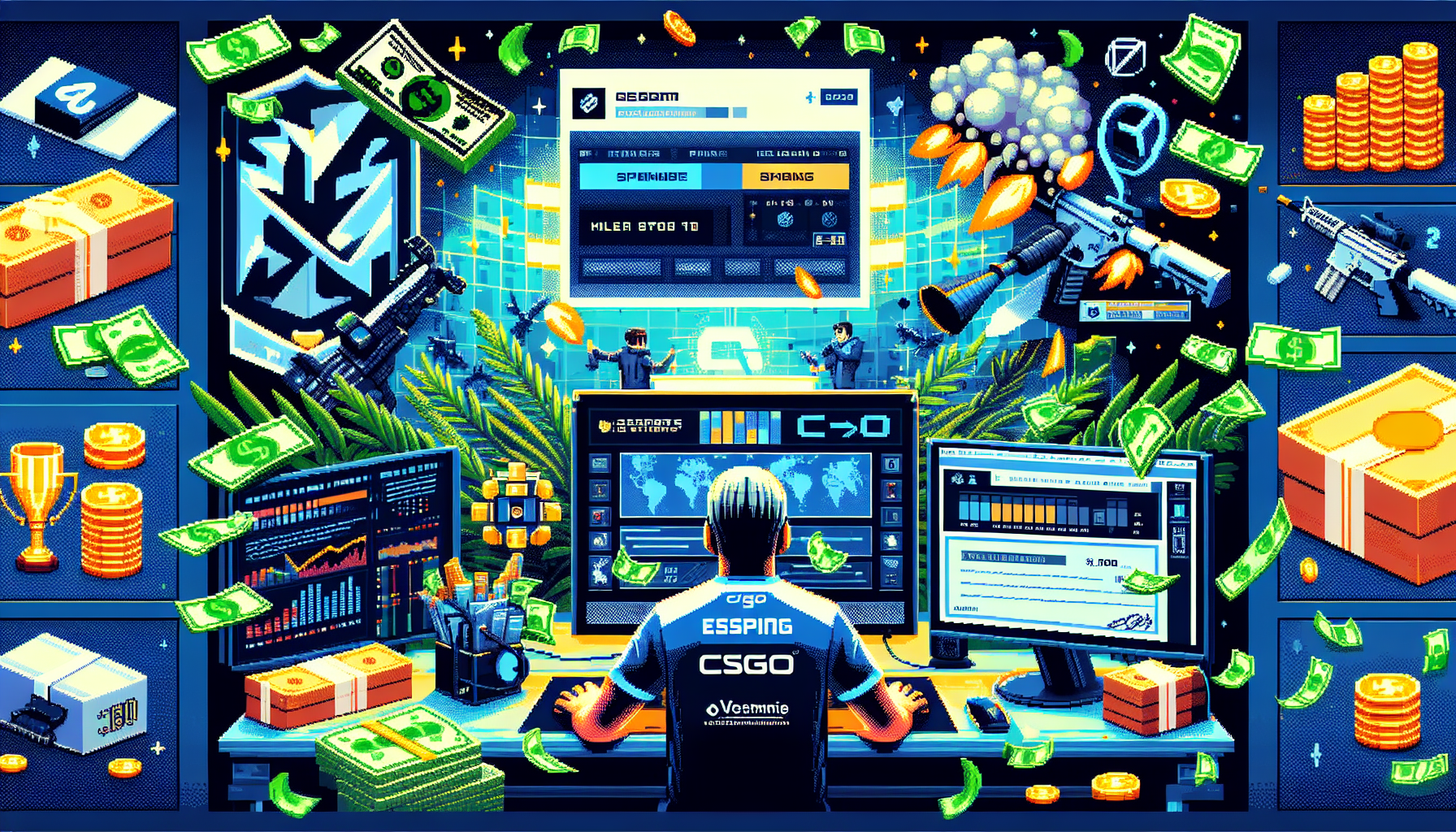 Create an image that captures the economic impact and growth of CS: GO Esports. The scene should include a mix of elements like sponsorship logos on a professional esports player