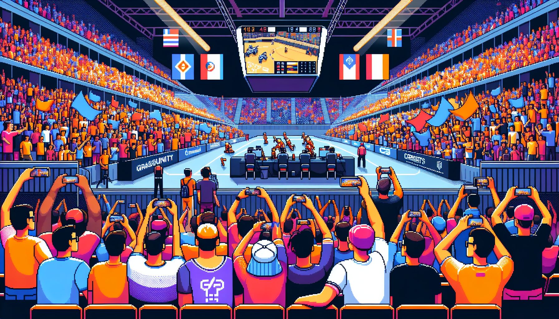 An energetic, vibrant scene of a packed esports arena during a CS: GO match, capturing the excitement and enthusiastic fan engagement. Fans in the audience are holding up signs, wearing team jerseys, and sharing moments on social media. Community booths and grassroots tournament stands are visible, emphasizing the strong cultural and community influence behind CS: GO esports. Diverse cultural representation of fans highlights the global reach of the game.