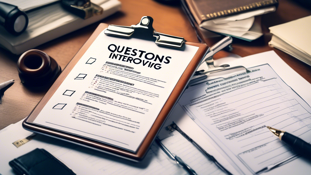 Create an image showcasing a detailed but visually appealing checklist on a clipboard titled Questions to Ask When Interviewing Prospective Accident Attorneys. The checklist should include items such as Experience with similar cases?, Approach to handling my case?, Fee structure?, and Communication policies? Visual elements like a magnifying glass, a lawyer