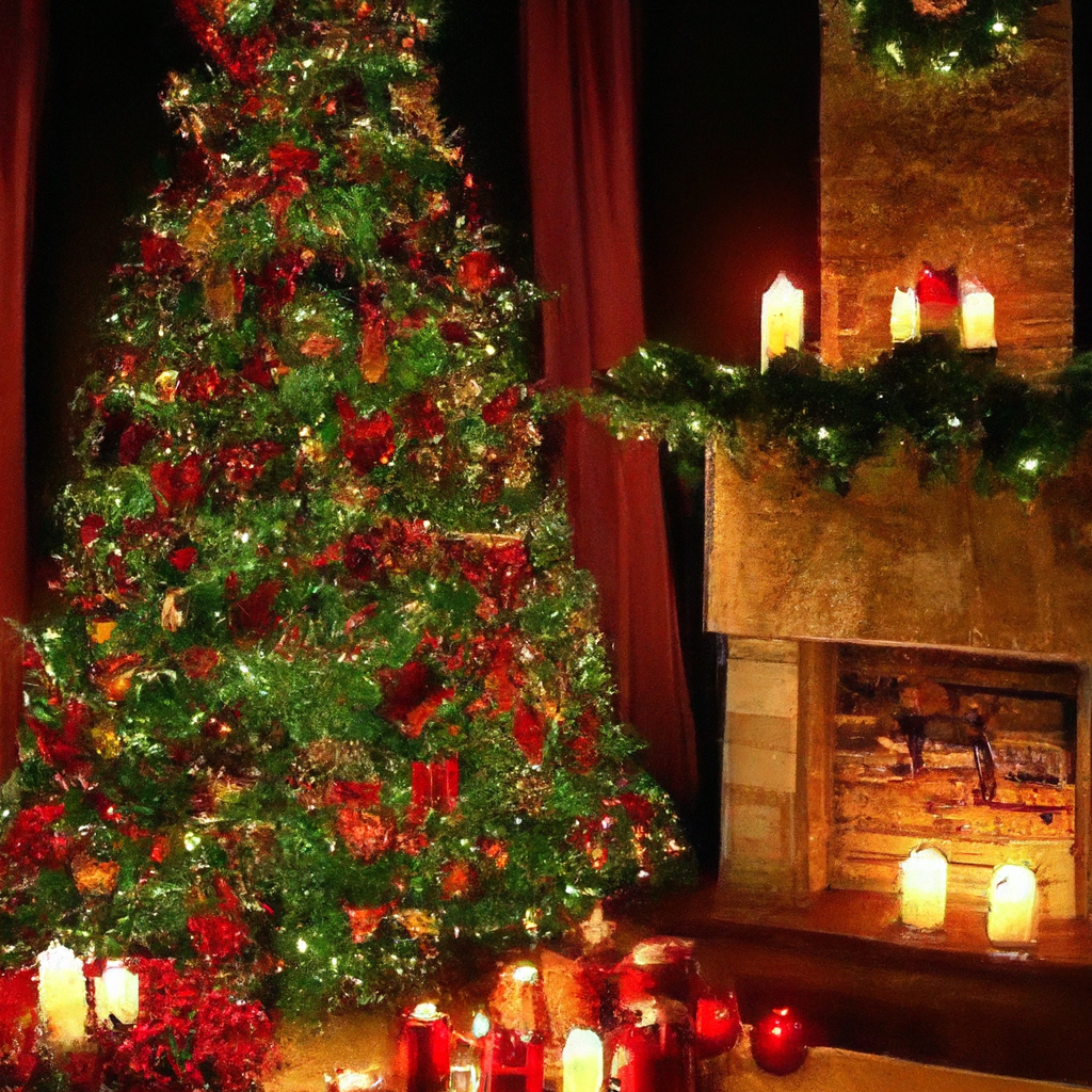 Create an enchanting image of a beautifully decorated Christmas tree adorned with traditional candles. The scene should highlight the warm, flickering glow of the candles, casting a magical and festive ambiance throughout the room. Include subtle details that emphasize the symbolic meaning of the candles, such as their placement representing stars or the light of the holiday season. The overall aesthetic should evoke a sense of nostalgia, beauty, and symbolic tradition associated with Christmas tree candles.