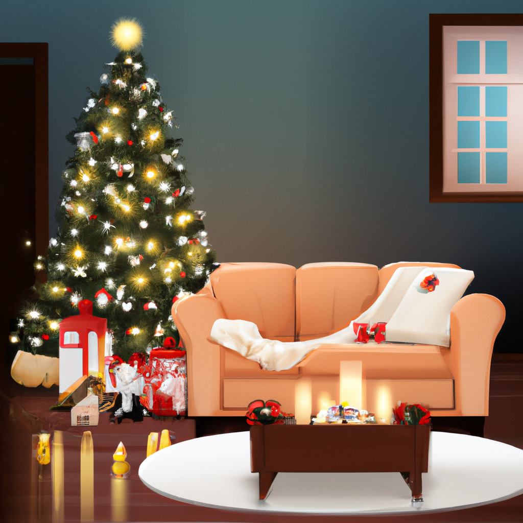 A modern cozy living room featuring a beautifully decorated Christmas tree with electric LED candles that mimic traditional wax candles. The scene includes a warm fireplace, a safety-conscious fire extinguisher nearby, and a family enjoying holiday festivities. The ambiance is festive and inviting, combining the magic of traditional Christmas tree candles with modern safety measures.