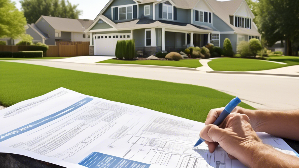 A serene suburban neighborhood with tree-lined streets and well-kept lawns. In the foreground, a homeowner is reviewing multiple quotes and contractor credentials for a collapsed sewer line repair. Display financial documents such as insurance policy papers and financing brochures on a table nearby. Add a visual representation of a sewer line in cross-section, along with tools for proactive maintenance. Emphasize the careful consideration and planning to manage repair costs effectively.