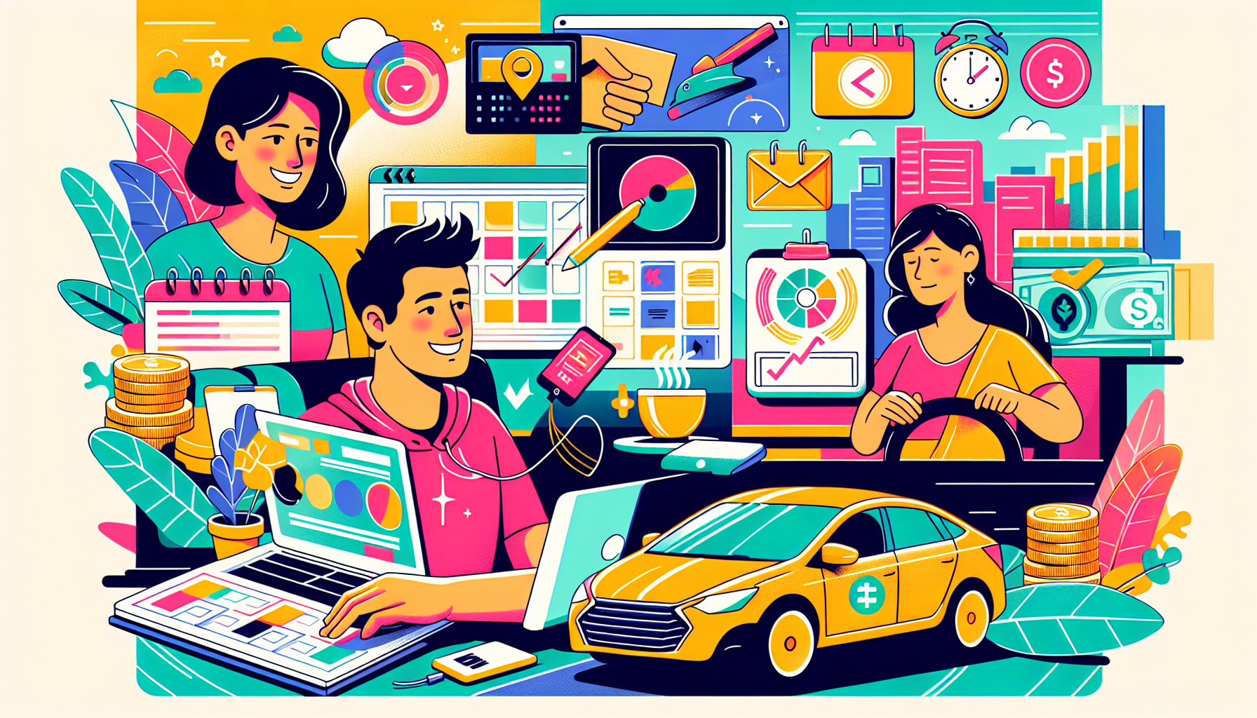 DALL-E prompt: Create an image that illustrates various top weekend side hustles that people can start today. Show a diverse range of individuals engaging in different activities: one person freelancing on a laptop in a cozy coffee shop, another driving for a rideshare service with a happy passenger, and someone else conducting an online tutoring session with a student via a computer. Incorporate elements that highlight flexibility and earning opportunities, such as a calendar displaying 