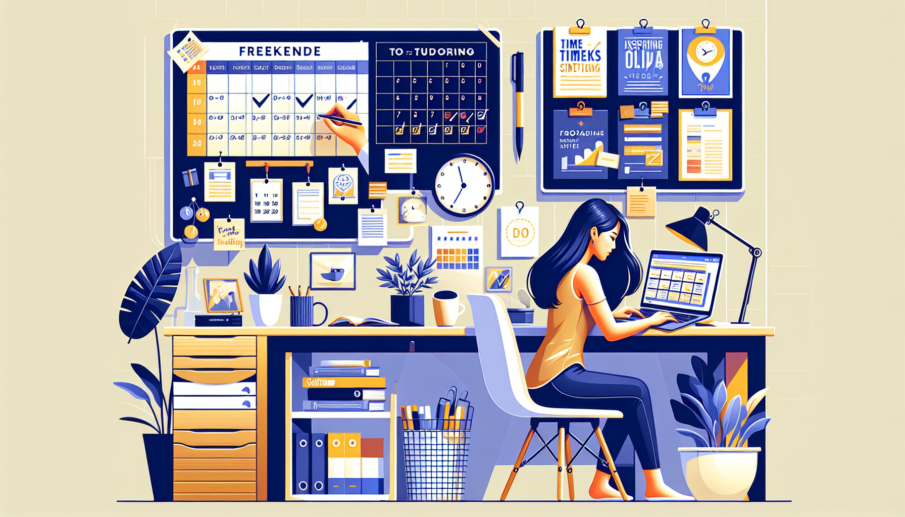 Create an image that illustrates the concept of successfully managing weekend side hustles. The scene should feature a person sitting at a tidy, organized workspace at home, engaged in a side hustle activity like freelancing on a laptop or conducting an online tutoring session. Surround the main character with elements that emphasize efficient time management, such as a well-structured calendar on the wall, a clock, and a to-do list with tasks checked off. Include motivational quotes or posters within the workspace to signify staying motivated. The overall atmosphere should convey productivity, balance, and inspiration. Keywords: weekend side hustles, time management, productivity, motivation.