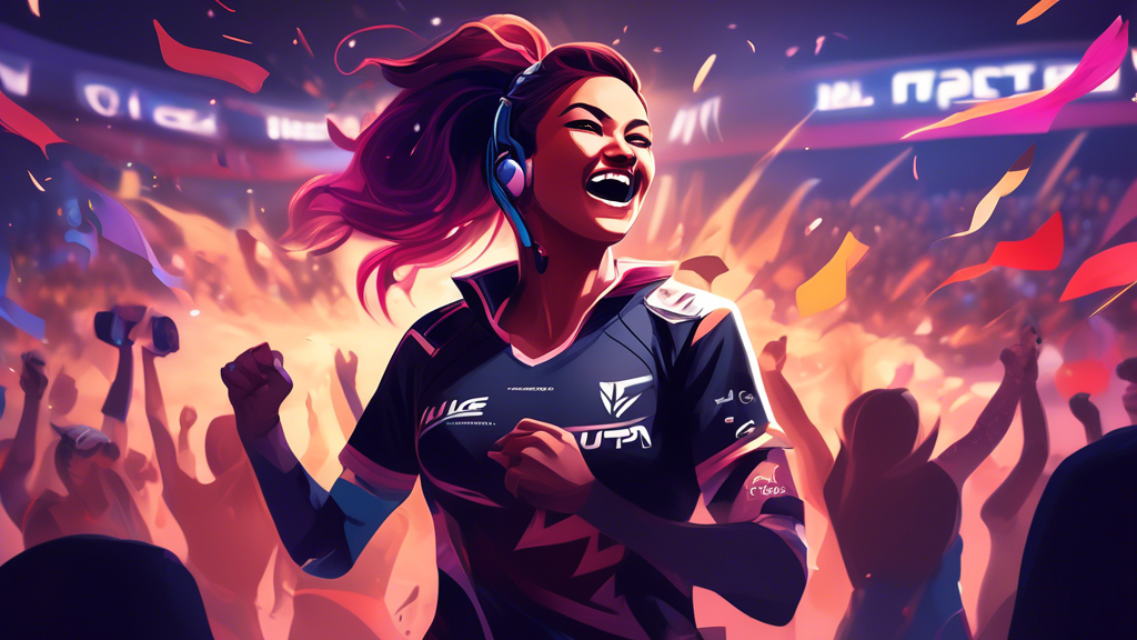 Create an image depicting a triumphant female esports athlete. Show her energetically celebrating a victory at a major gaming tournament, with a diverse, cheering crowd in the background. On one side, display the challenges she overcame such as shadowy figures representing gender bias and harassment. Simultaneously, include elements symbolizing support and empowerment, like a banner for an initiative supporting female gamers. Use vibrant colors to highlight her success and resilience in the male-dominated esports industry.