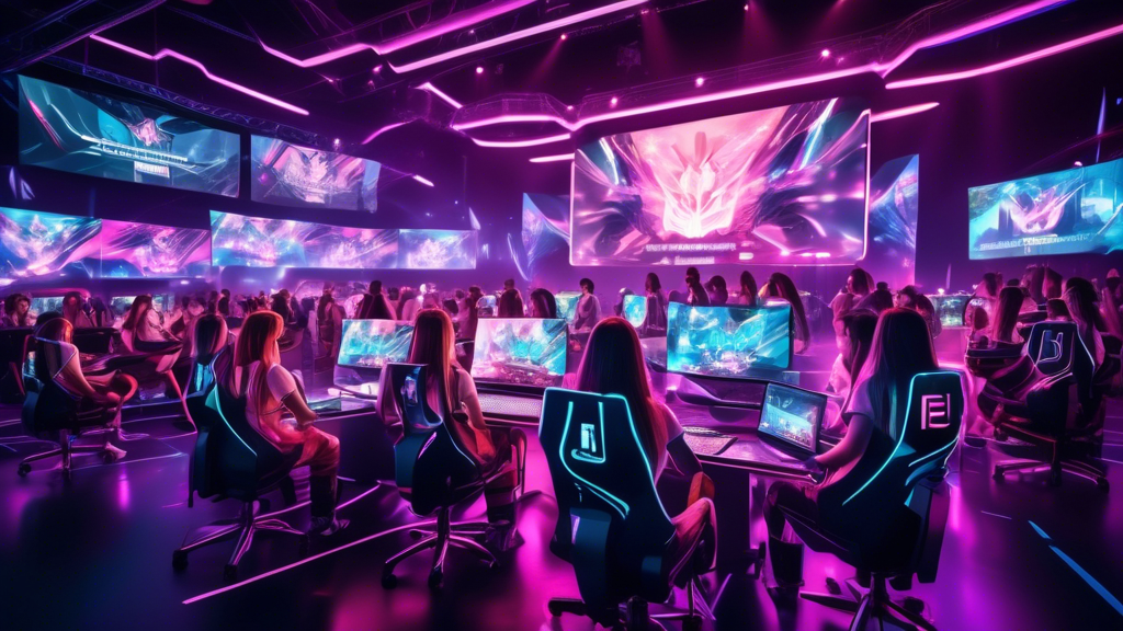 Create an image that depicts a vibrant and futuristic esports arena filled with enthusiastic fans watching a female-focused esports tournament. The scene includes diverse female competitors intensely engaged in gameplay on large screens, with digital overlays showcasing sponsorship logos and economic statistics highlighting the growth and opportunities for women in esports. In the background, futuristic holographic banners celebrate the achievements and promising future of female gamers, with mentors and community leaders cheering them on. Keywords: female esports, future, opportunities, growth, sponsorship, mentorship.