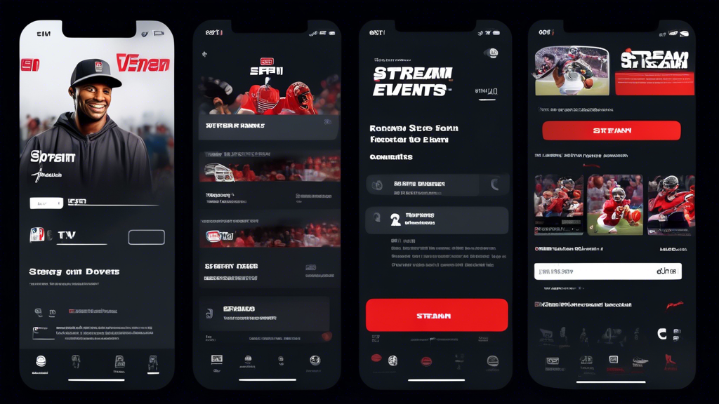 Create an image showing a step-by-step guide for using Stream ESPN, starting with a user signing up and setting up their account, followed by a view of different devices like smartphones, tablets, and smart TVs, and ending with a user navigating the platform to find live sports events. The image should have a modern, clean, and user-friendly design, with icons and arrows to clearly illustrate each step. Incorporate the ESPN logo and a few popular sports icons like football, basketball, and baseball.