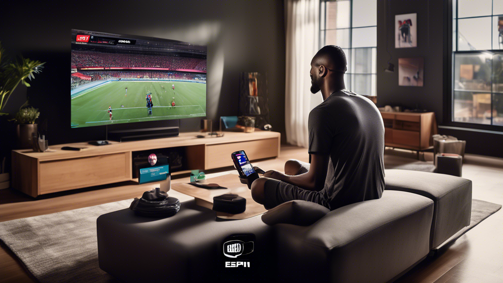Create an image that showcases a user having the ultimate streaming experience on Stream ESPN. The user is comfortably sitting in a modern living room, watching a high-definition sports event on a large smart TV. The scene includes visible benefits like a fast and stable internet connection, an open laptop displaying live statistics beside them, and a smartphone showing multiple camera angles of the event. Highlight other exclusive ESPN features, including replays and multi-view options. The atmosphere should be exciting and high-tech, with various sports memorabilia indicating a passionate sports fan.