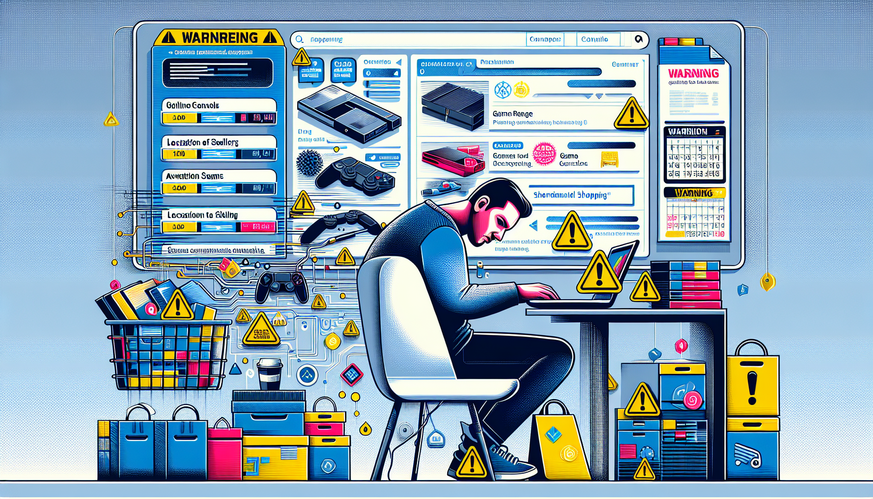 Illustrate an image of someone sitting at a desk, using a laptop to browse eBay for PS4 consoles and games. The eBay interface on the screen shows various filters being applied like price range, seller location, and auction listings. A calendar is visible in the background marking ideal times to shop, while warning signs help identify and avoid common scams. The overall scene emphasizes strategic shopping and vigilance.