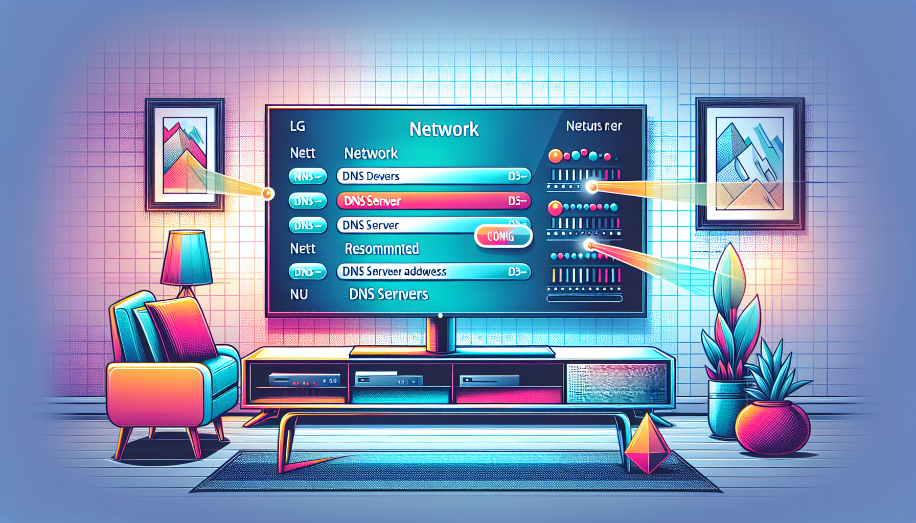 Create a detailed image depicting the process of changing DNS settings on an LG TV. The image should show the TV screen displaying the network settings menu, with step-by-step instructions highlighted in a visually engaging way. Include clear, easy-to-read text pointing to the Network option, highlighting the input fields for DNS servers, and a list of recommended DNS server addresses. The background could be a comfortable living room setting to make it feel relatable and accessible.