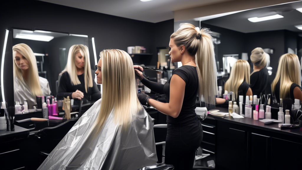 Create an image depicting a preparation scene for achieving stunning blonde foil highlights on dark hair. The image should feature a professional hairstylist consulting with a dark-haired client, assessing the health of her hair. In the background, show an organized workstation with various tools and materials needed for the highlighting process, such as foil sheets, brushes, hair clips, and professional hair products. The atmosphere should be welcoming and professional, emphasizing the importance of preparation and the expertise of the stylist.