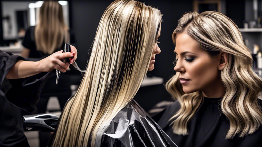 Create a detailed image showing a hairstylist applying blonde foil highlights to dark hair. The scene should include the step-by-step process: sectioning the hair, applying foils with dye, tools like brushes and combs, and the stylist focusing on achieving uniformity. The background should be a vibrant, modern salon with a variety of hair care products visible. Highlight the contrast between the blonde highlights and the dark hair for an eye-catching effect.