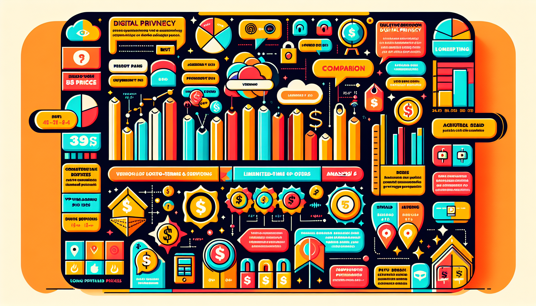 Create an image showcasing a comparison of the best VPN deals. Highlight discounts with seasonal promotions, emphasize long-term plans for better value, and display limited-time offers. Use vibrant colors for promotional tags and incorporate visual elements like graphs or charts for price analysis. Show various VPN service logos and include a banner that reads, Comparativa de las Mejores Ofertas de VPN: Análisis y Precios.