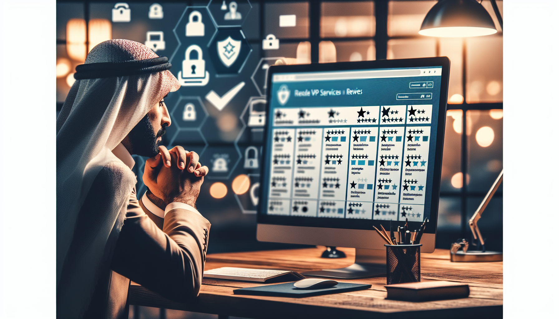 Create an image of a person sitting at a desk, browsing VPN reviews online. The computer screen should display lists of VPN services with star ratings and user reviews. The background can include soft focus elements like posters or books labeled with terms like Reputación and Confiabilidad. The person should appear thoughtful and focused, emphasizing the importance of choosing a reliable VPN service. Include subtle icons of locks and shields to symbolize security. Add a banner at the top of the image that reads Guía para Elegir la Mejor Oferta de VPN.