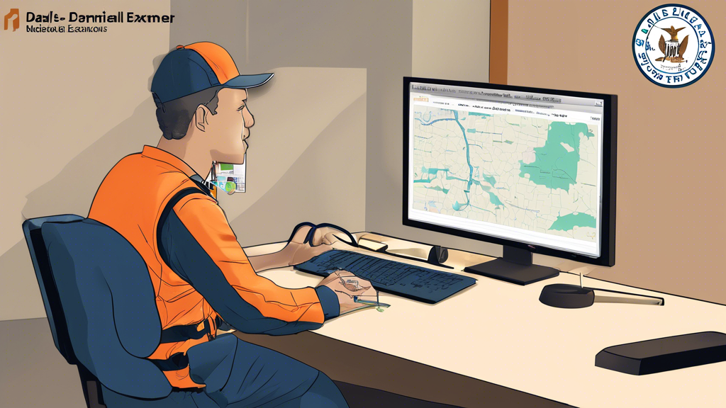 Prompt for DALL-E:Create an image depicting a commercial driver sitting at a desk, using a computer to search for a certified medical examiner for CDL on the FMCSA’s National Registry website. The background should include elements such as a truck, certification badges, and a map with pins indicating local medical examiner locations. Illustrate the webpage on the computer screen prominently displaying the FMCSA logo and search features. Ensure to convey a sense of reliability and ease in finding local CDL medical examiners through certified directories.