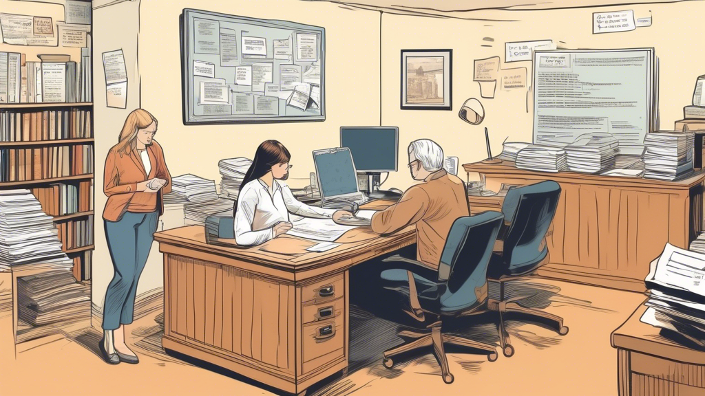 Prompt for DALL-E:

A detailed illustration showing a person researching local accident attorneys. The scene includes a computer screen displaying an online directory of lawyers, a stack of legal directories, and a local bar association pamphlet. On the desk, there are client review printouts and a checklist of questions for consultations. In the background, two people are having a discussion in a cozy, well-lit office space filled with legal books and certificates on the wall. The overall atmosphere is professional yet approachable, emphasizing thorough research and careful vetting.