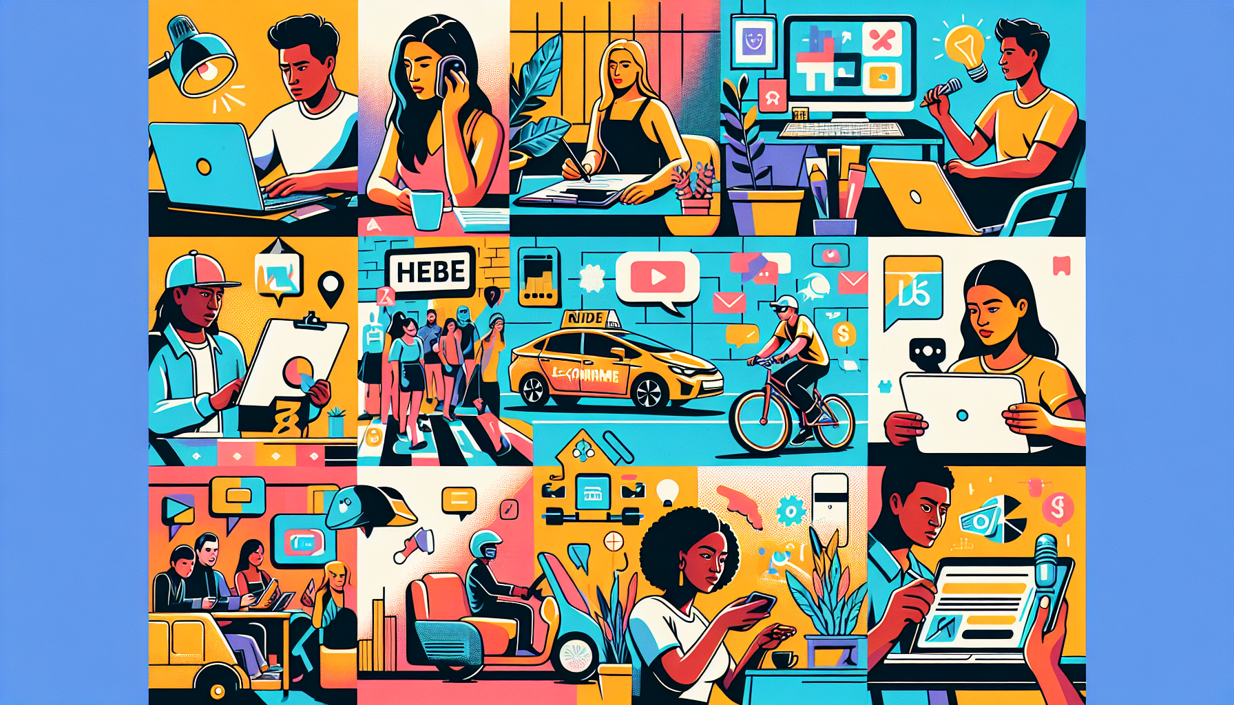 Create an image showcasing various modern side hustles to consider in 2023. The image should depict a vibrant collage of scenes including a person writing at a desk for freelance writing and blogging, another setting up an e-commerce store on a laptop for dropshipping, someone driving for a rideshare company, a person delivering food on a bicycle, and a tutor teaching students online. Additionally, include visuals representing content creation on platforms like YouTube, Instagram, and TikTok such as a person recording a video, editing content, and checking social media stats. Use a diverse range of individuals to represent inclusivity and different working environments to showcase versatility.

Keywords: sidehustles, freelance writing, blogging, e-commerce, dropshipping, gig economy, rideshare, food delivery, tutoring, online courses, content creation, social media.