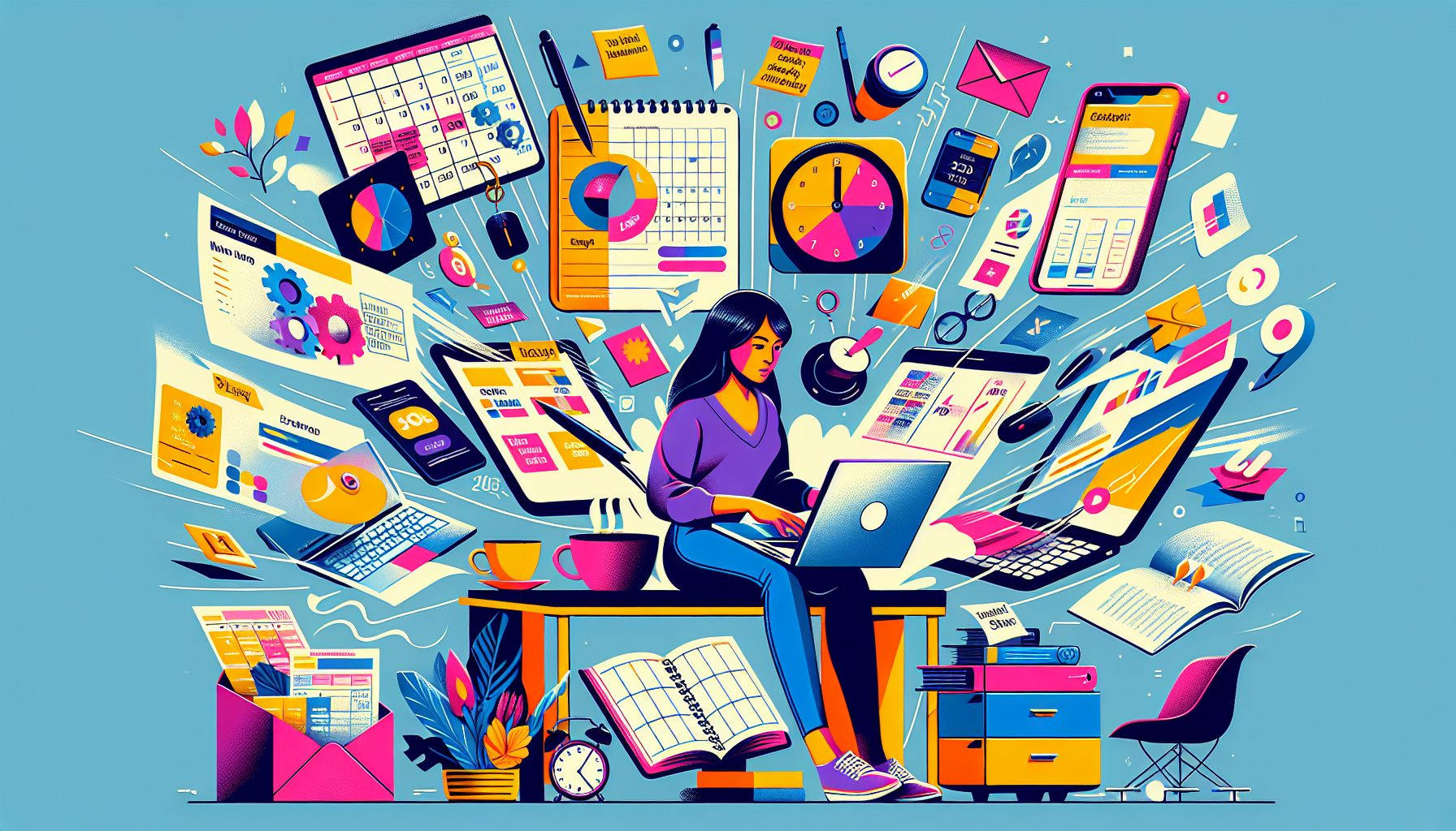 Create an image depicting a diverse and busy modern workspace with different tools and gadgets. Show a person at a desk managing various tasks simultaneously, such as typing on a laptop, checking a calendar, and holding a smartphone. Include productivity tools like a planner, coffee cup, and sticky notes with motivational quotes. The setting should evoke an atmosphere of efficient time management and balance between full-time work and side hustles in 2023. Make sure the image feels dynamic and organized, capturing the essence of modern multitasking and productivity.