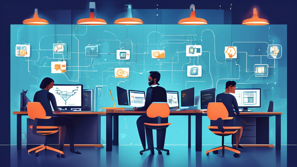 Draw an image illustrating the best practices for enhancing privacy and security of online services. The scene depicts a modern office with a diverse team of IT professionals attentively working on their computers. Visualize a digital environment with some key elements: a shield symbol representing data encryption, a padlock icon for secure communication channels (SSL/TLS), a calendar indicating regular security audits, and a mobile phone showcasing multi-factor authentication (MFA). The background includes code and encryption graphics, emphasizing the critical role of robust security measures. Ensure the setting exudes a sense of vigilance and dedication to protecting online services.