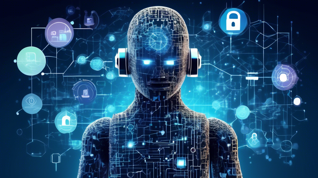 Create an image that visualizes the concept of emerging trends and technologies in the privacy and security of online services. Include elements such as an artificial intelligence robot monitoring a computer network for threats, a blockchain represented with interconnected digital blocks, and abstract representations of privacy-enhancing technologies like a digital padlock, differential privacy algorithms as graph representations, and homomorphic encryption symbolized by encrypted mathematical formulas being processed securely. The overall aesthetic should be modern and futuristic, highlighting the cutting-edge nature of these technologies.