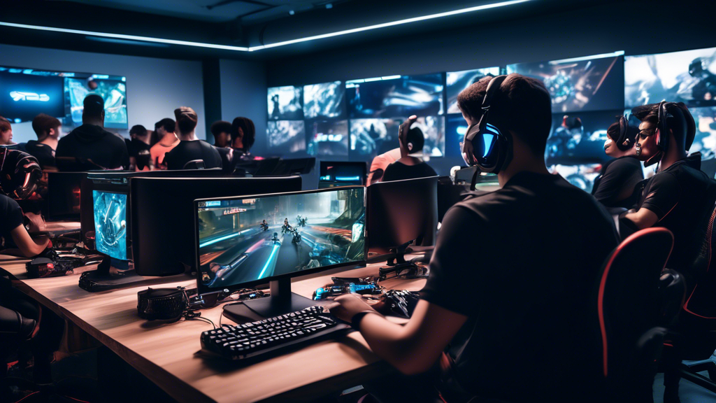 An image showcasing a diverse group of esports club members in a modern gaming facility, engaging in a structured practice session. The scene includes various gaming setups with high-end computers and monitors, showing individuals intensely focused on their screens. Some members are participating in hands-on skill-building exercises, while others are attending a workshop where an experienced coach is demonstrating advanced gaming strategies using a digital presentation. The atmosphere is energetic and collaborative, highlighting the importance of continuous learning and training in developing skills and competencies within the esports club.