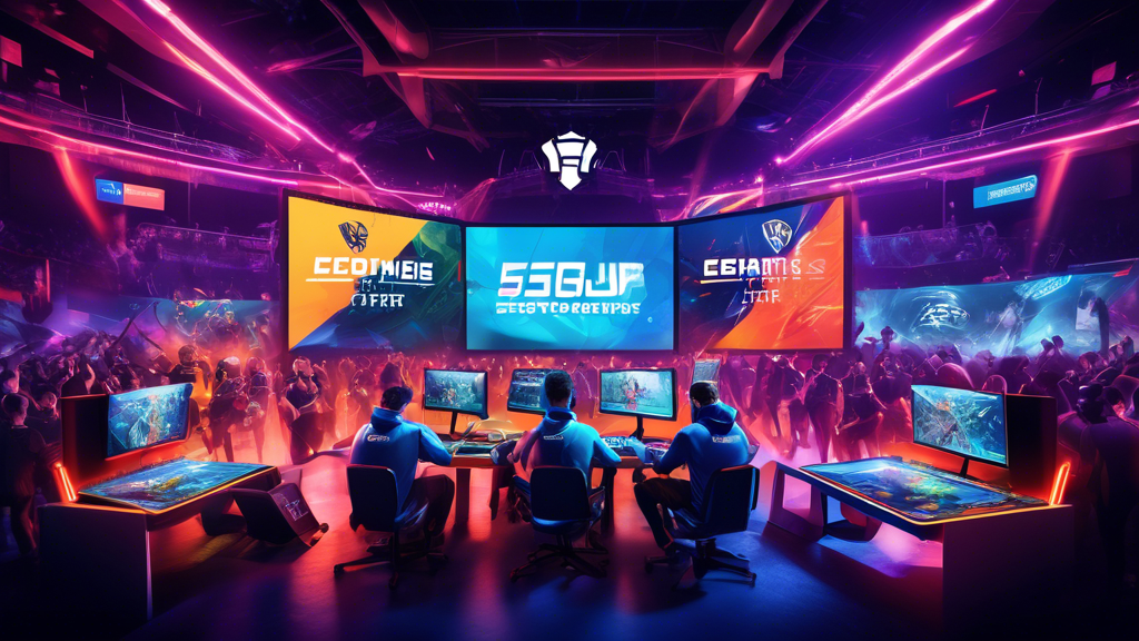 Create an imaginative scene of a vibrant esports club hosting an electrifying internal tournament. The image should include teams of diverse members intensely focused on their screens, with dynamic graphics of the game being played displayed prominently. In the background, collaborations with other clubs are evident through banners and logos, showcasing partnerships. Display a calendar with highlighted dates for upcoming local, national, and international competitions on a wall, exuding excitement and ambition. The atmosphere should be energetic and inclusive, reflecting a sense of community and competitive spirit. 

Keyword: esports club.