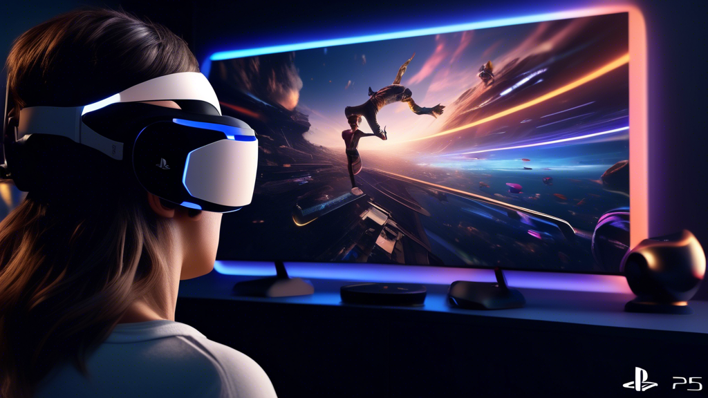 Create a high-resolution, detailed image showcasing the key features and enhancements of Sony VR on the PS5. The scene should illustrate superior graphics with vivid, lifelike environments, a user enjoying an immersive experience with advanced haptics and sound, and a sleek, user-friendly setup. Include visual elements that highlight the connectivity options and overall performance improvements unique to the PS5. Ensure the headset and controllers are clearly recognizable as Sony