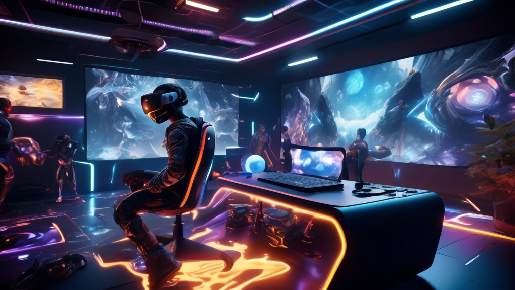 Create an image of a futuristic gaming scene where gamers are fully immersed in a vibrant virtual world, showcasing popular VR titles exclusive to the PS5. Include characters and environments from games such as Astro