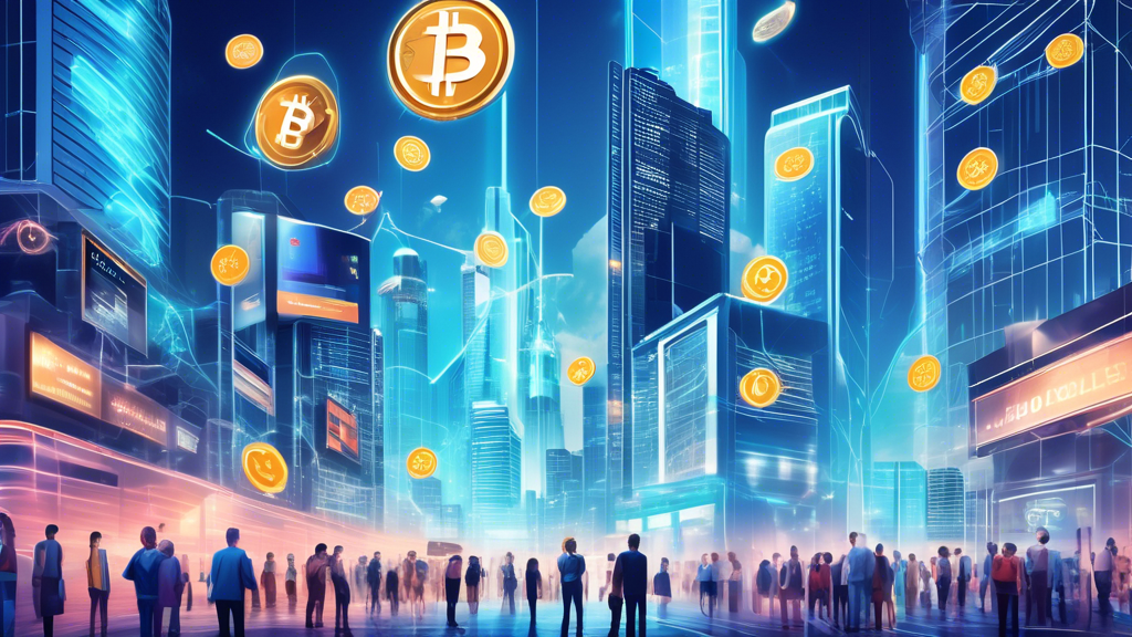 Create an image showcasing the future of cryptocurrency in finance: a futuristic cityscape with digital billboards displaying cryptocurrency symbols, robotic bank tellers, and people using cryptocurrencies for everyday transactions. Include elements that represent regulatory frameworks, such as a holographic gavel and scales of justice. Show seamless integration with mainstream financial products, like digital wallets and ATMs that accept both fiat and crypto. Highlight a global perspective with diverse characters and international landmarks in the background.
